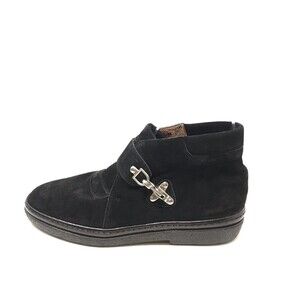 Vittorio Ricci Womens Black Leather Ankle Boot Size 6M Suede Bridle Buckle Italy
